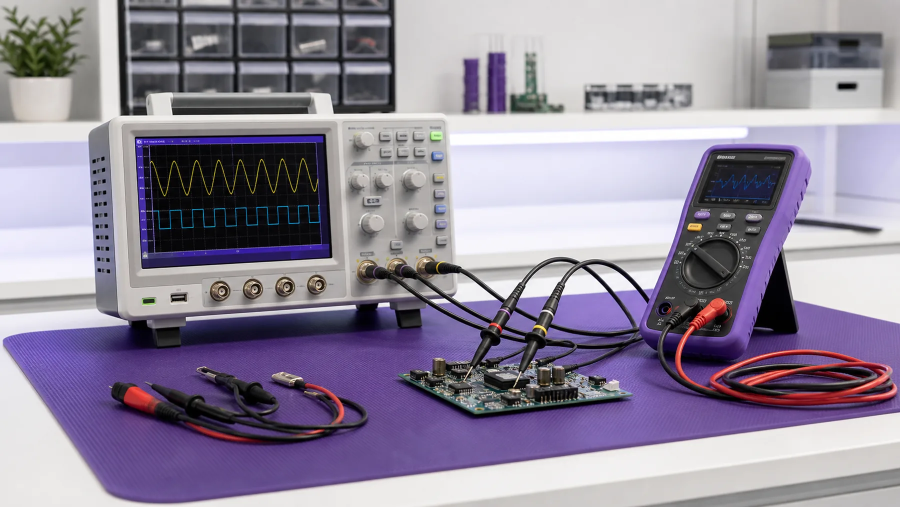 Osciloscopio y multimetro en banco de medicion electronica